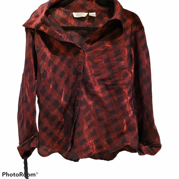 Selene Sport shimmery red and black checkered blouse. Size 1X. Loose fit. - Picture 1 of 8